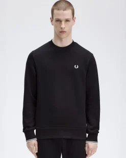 Felpa Fred Perry nera girocollo con bordino bianco sulla manica