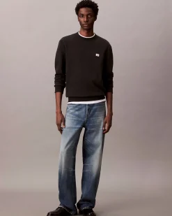 Felpa girocollo Calvin Klein Jeans nera in cotone con logo applicato sul petto