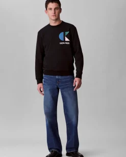 Felpa girocollo Calvin Klein Jeans nera in misto cotone con logo stampato multicolore
