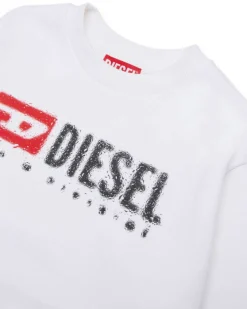 Felpa girocollo Diesel bianca in misto cotone con maxi logo effetto pioggia