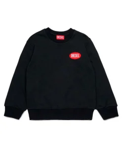 Felpa girocollo Diesel nera in puro cotone con patch logo rosso