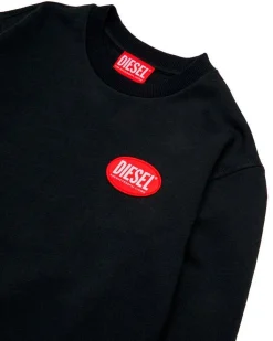 Felpa girocollo Diesel nera in puro cotone con patch logo rosso