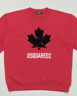Felpa girocollo Dsquared2 rossa in puro cotone con maxi foglia logo