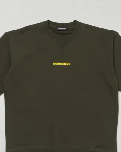 Felpa girocollo Dsquared2 verde militare in puro cotone con mini logo giallo