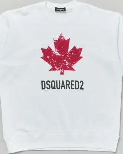 Felpa girocollo Dsquared2 bianca in puro cotone con maxi foglia logo