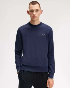 Felpa girocollo Fred Perry blu indaco con bordino bianco e grigio sulla manica