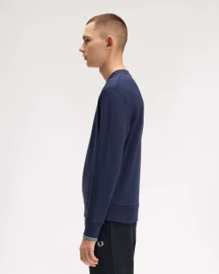 Felpa girocollo Fred Perry blu indaco con bordino bianco e grigio sulla manica