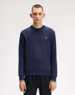 Felpa girocollo Fred Perry blu indaco con bordino bianco e grigio sulla manica