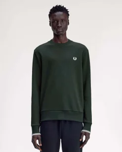 Felpa girocollo Fred Perry verde con bordino bianco sulla manica
