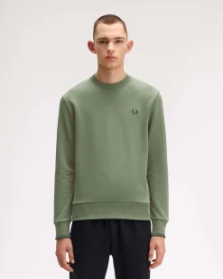 Felpa girocollo Fred Perry verde salvia con bordino blu sulla manica