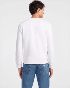 Felpa girocollo Guess Jeans bianca in cotone con logo scritta ricamata davanti