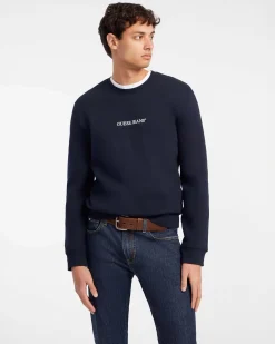 Felpa girocollo Guess Jeans blu in cotone con logo scritta ricamata davanti