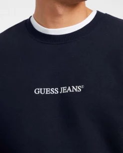 Felpa girocollo Guess Jeans blu in cotone con logo scritta ricamata davanti