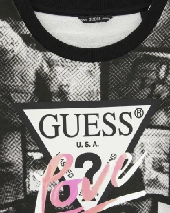 Felpa girocollo Guess nera in puro cotone con stampa foto e logo triangolo