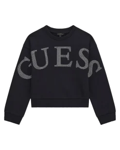 Felpa girocollo Guess nera in puro cotone e maxi scritta logo in strass