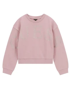 Felpa girocollo Guess rosa in puro cotone e maxi scritta logo in strass
