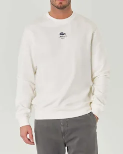 Felpa girocollo Lacoste bianca classic-fit in puro cotone con logo e coccodrillo stampati centrali sul petto