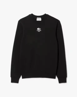 Felpa girocollo Lacoste nera classic-fit in puro cotone con logo e coccodrillo stampati centrali sul petto
