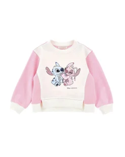 Felpa girocollo Monnalisa rosa e bianca in misto cotone con stampa Stitch & Angel