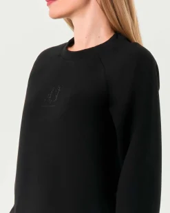 Felpa girocollo nera Armani Exchange in misto viscosa effetto scuba con scritta logo in strass tono su tono