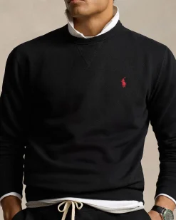 Felpa girocollo Polo Ralph Lauren nera in cotone con logo pony rosso ricamato sul petto