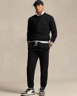 Felpa girocollo Polo Ralph Lauren nera in cotone con logo pony rosso ricamato sul petto