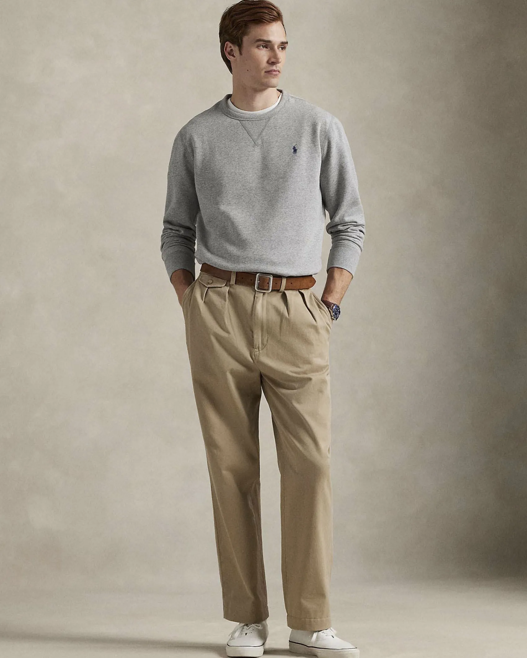 Felpa girocollo Polo Ralph Lauren grigia in cotone con logo pony blu ricamato sul petto