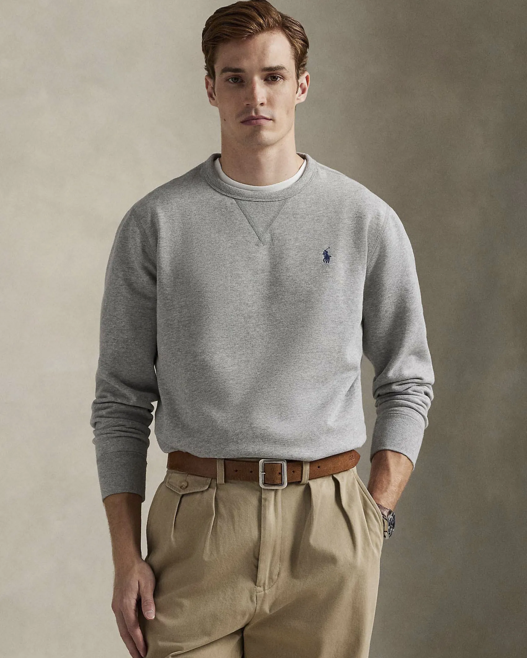 Felpa girocollo Polo Ralph Lauren grigia in cotone con logo pony blu ricamato sul petto