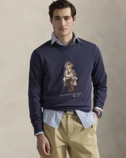 Felpa girocollo Polo Ralph Lauren blu in cotone con maxi stampa Polo Bear frontale