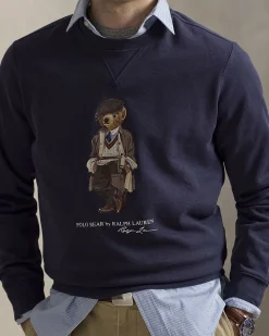 Felpa girocollo Polo Ralph Lauren blu in cotone con maxi stampa Polo Bear frontale