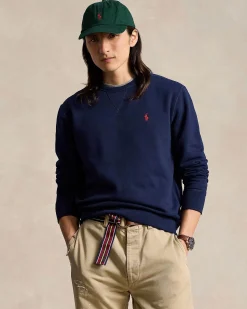Felpa girocollo Polo Ralph Lauren blu in cotone con logo pony rosso ricamato sul petto