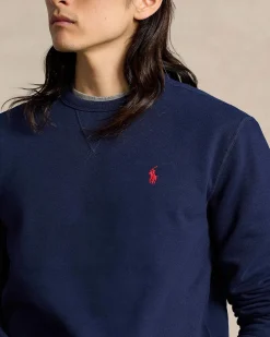 Felpa girocollo Polo Ralph Lauren blu in cotone con logo pony rosso ricamato sul petto