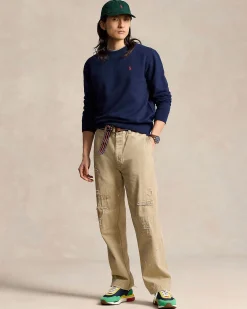 Felpa girocollo Polo Ralph Lauren blu in cotone con logo pony rosso ricamato sul petto