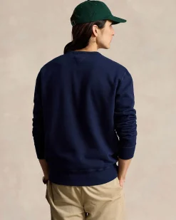 Felpa girocollo Polo Ralph Lauren blu in cotone con logo pony rosso ricamato sul petto