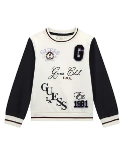 Felpa Guess bicolore color panna e blu in puro cotone con stampe e patch college
