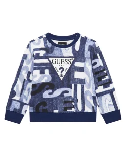 Felpa Guess blu effetto denim in cotone con maxi scritte logo