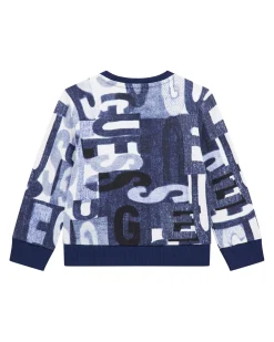Felpa Guess blu effetto denim in cotone con maxi scritte logo