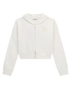 Felpa Guess cropped color panna con cappuccio e zip