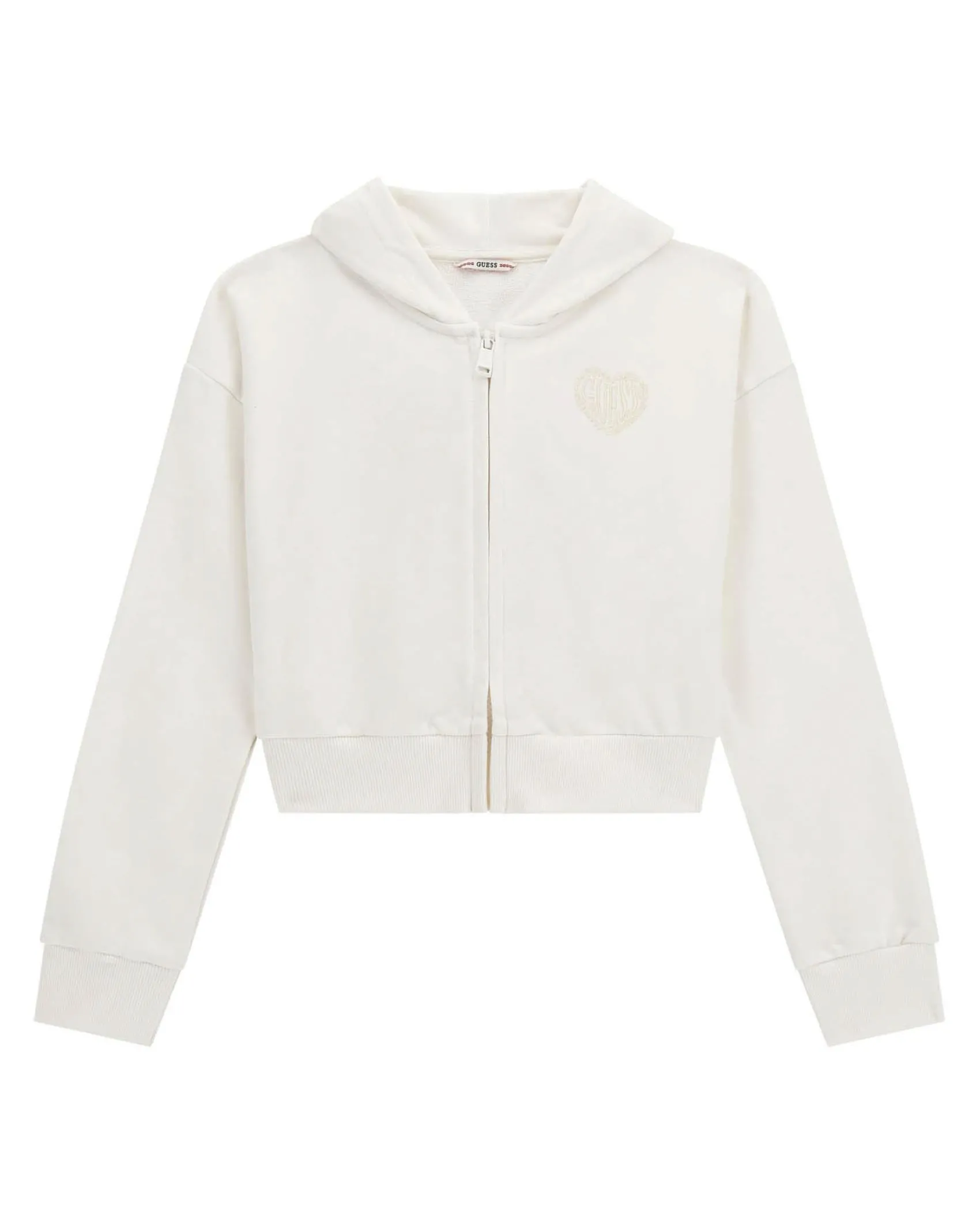 Felpa Guess cropped color panna con cappuccio e zip