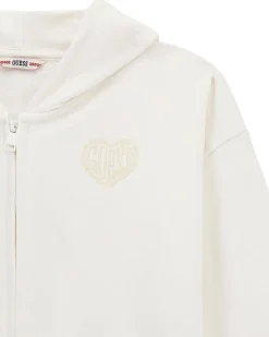 Felpa Guess cropped color panna con cappuccio e zip