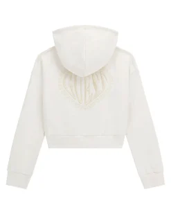 Felpa Guess cropped color panna con cappuccio e zip