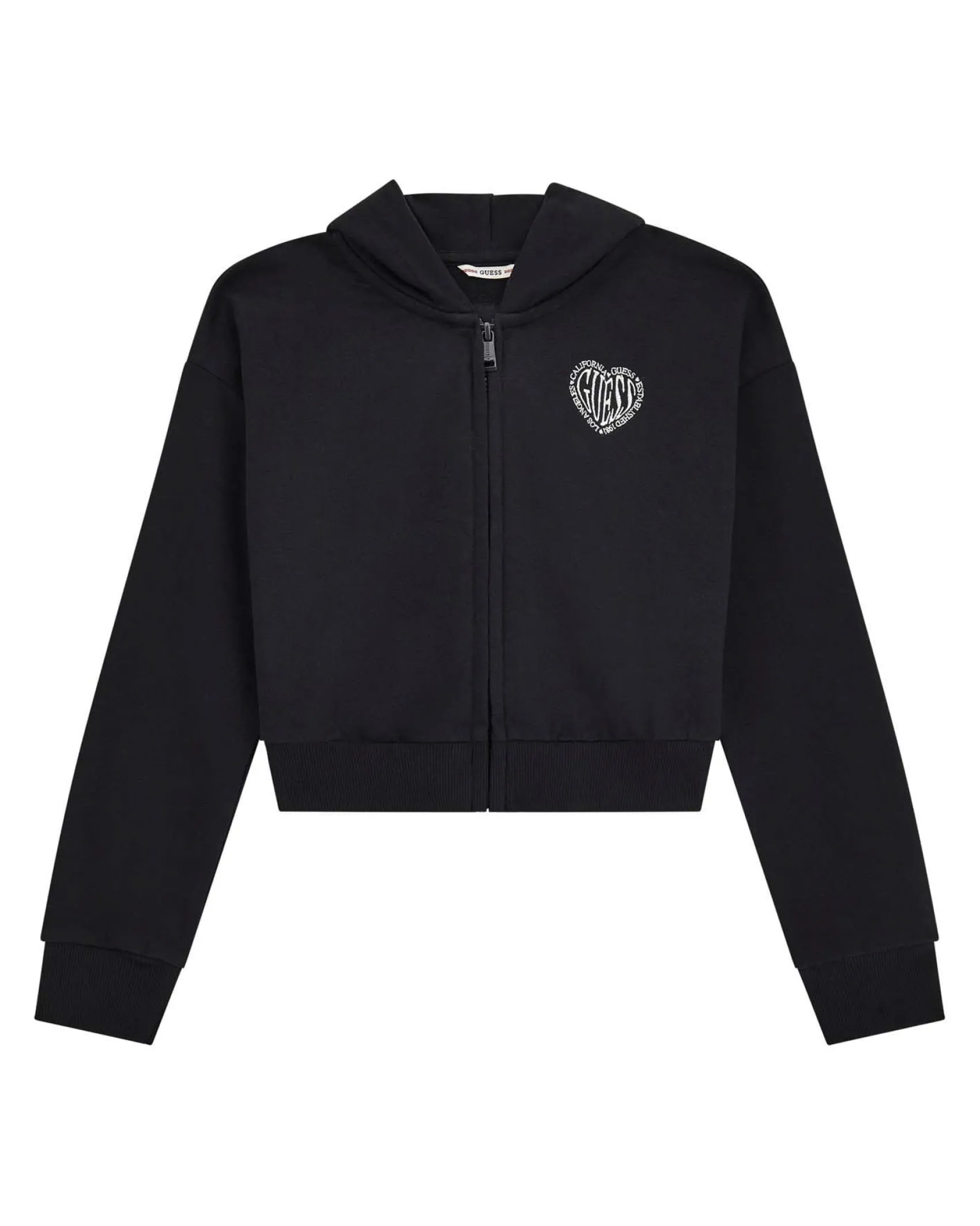 Felpa Guess cropped color panna con cappuccio e zip