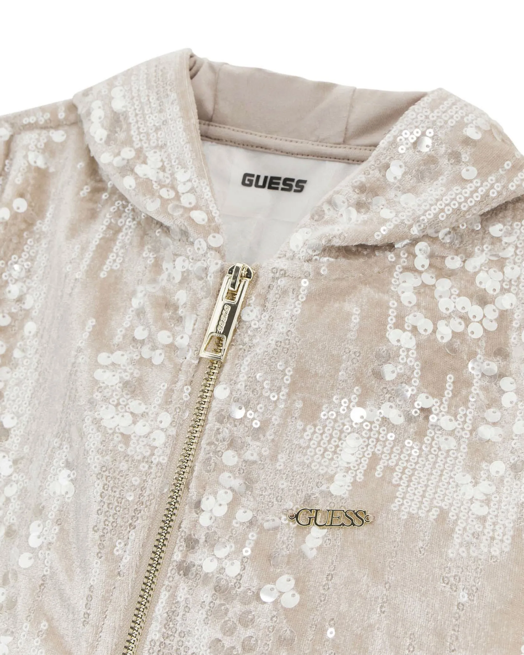 Felpa Guess rosa cipria con cappuccio e paillettes all over