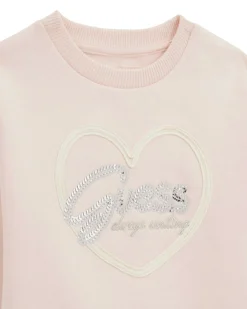 Felpa Guess rosa con cuore e logo paillettato argento