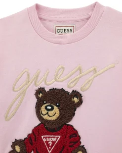 Felpa Guess rosa con orsetto icon e scritta logo in puro cotone