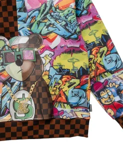 Felpa in cotone a scacchiera marrone e nera e stampa graffiti multicolor