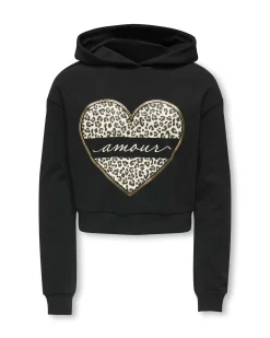 Felpa Kids Only nera in misto cotone con cappuccio e cuore maculato