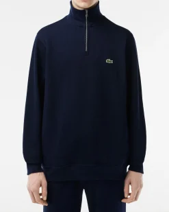 Felpa Lacoste blu in interlock di cotone con apertura a mezza zip