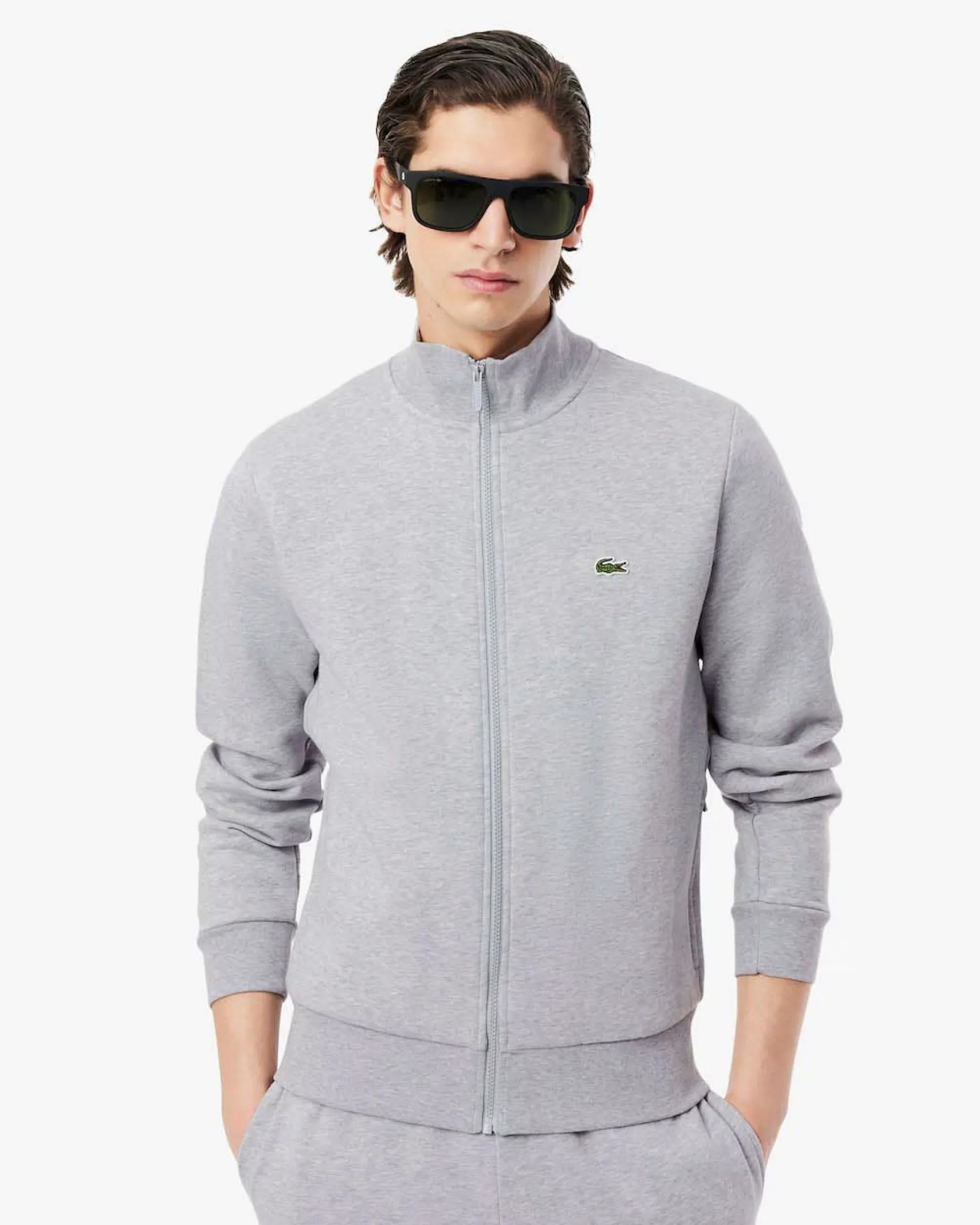 Felpa Lacoste grigia con chiusura zip e logo ricamato sul petto