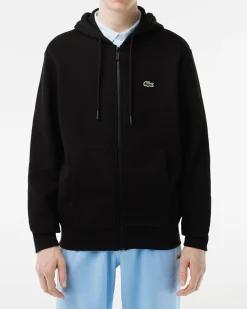 Felpa Lacoste nera con cappuccio e chiusura zip con logo ricamato sul petto